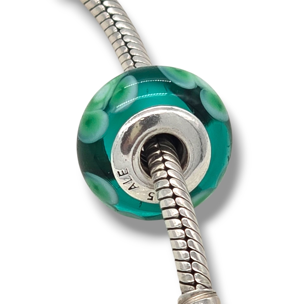 PANDORA Flowers For You Turquoise Green Murano Glass Bead Charm Retired - Picture 7 of 16